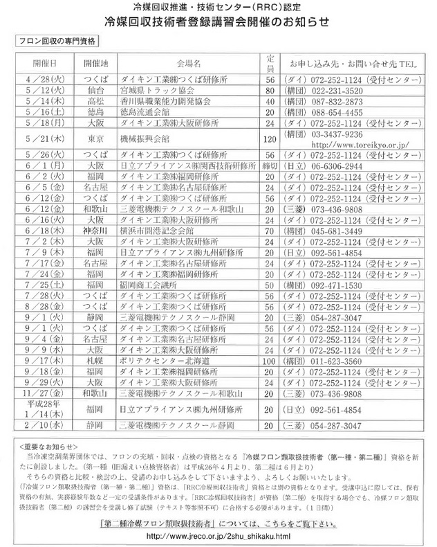 15 第一種 第二種フロン類取扱技術者講習会 開催日程 と Rrc認定冷媒回収技術者登録講習会開催 のお知らせ 業務用エアコン工事 空調部品販売のクールストア 高野商店